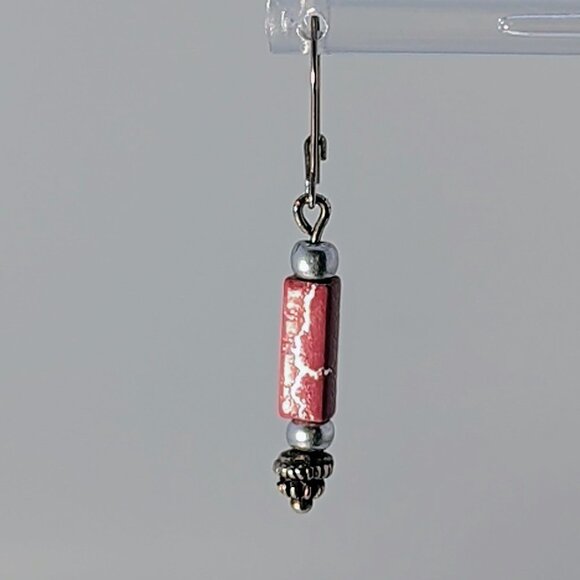 Handcrafted Red & Silver Dangle Earrings With Glass Beads - Picture 3 of 5